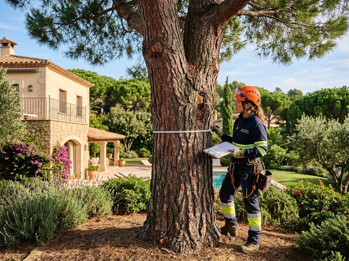 Técnico arborista examinando el perímetro del tronco y tomando datos para un informe municipal de arbolado