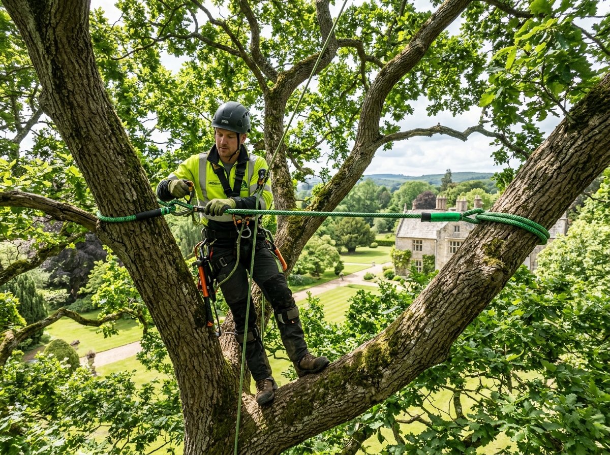 Arborista profesional instalando un sistema de sustentación dinámica en la horquilla de un árbol maduro